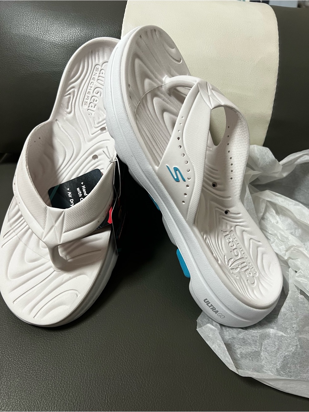 Skechers White Foam Ultra GO Backstrap Thong Sandals with Blue Accent